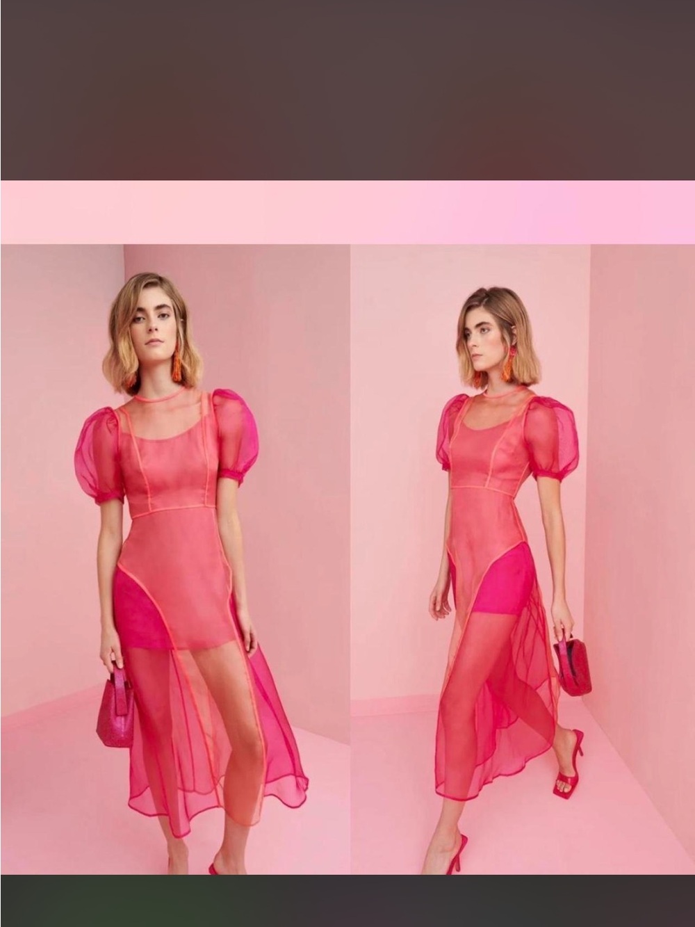 Sheer High-Low Puff-Sleeve Dress in Hot Pink